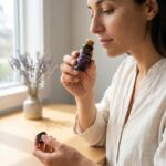 person smelling 100 percen pure lavender oil made in canada